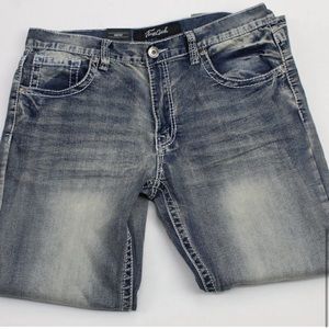 TRUE LUCK Mens Bootcut Full Blast Blue Distressed Denim Jean NWT 34x30 $60